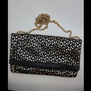 Black Gold Cutout Clutch Purse Fold Over Chain Strap Evening Bag